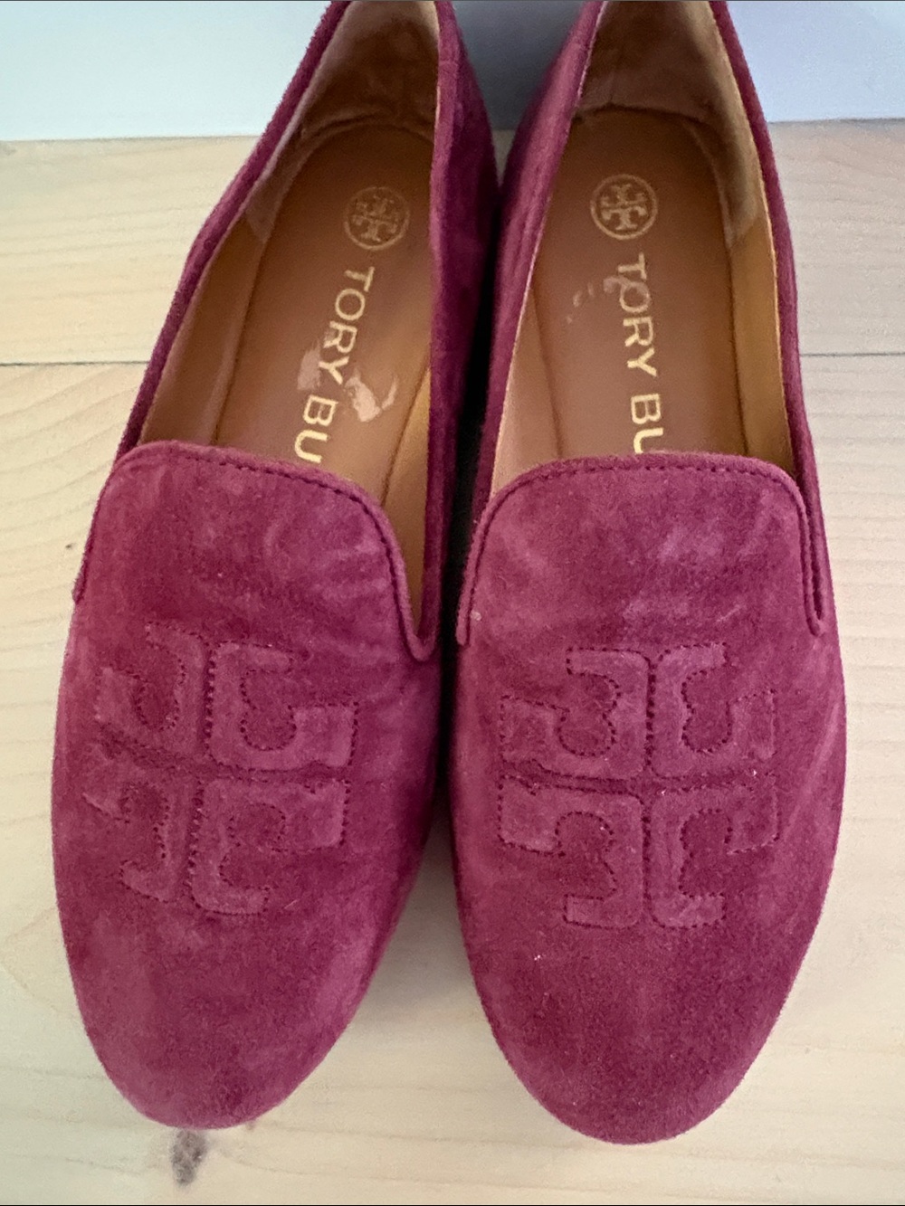 Tory Burch Wine/Burgundy Suede Logo Slip-On Loafers